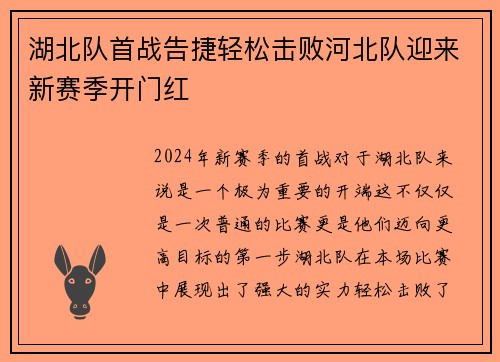 湖北队首战告捷轻松击败河北队迎来新赛季开门红