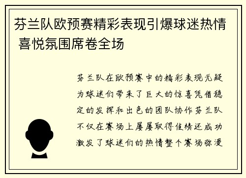 芬兰队欧预赛精彩表现引爆球迷热情 喜悦氛围席卷全场