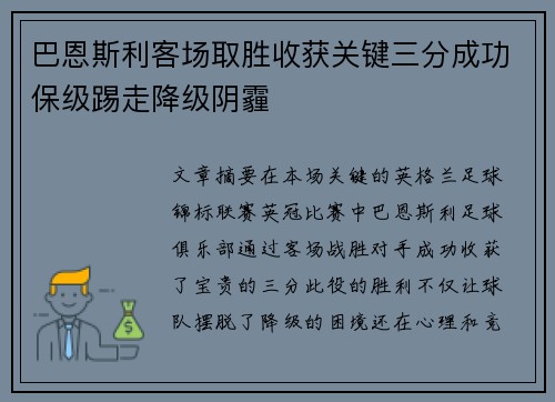 巴恩斯利客场取胜收获关键三分成功保级踢走降级阴霾
