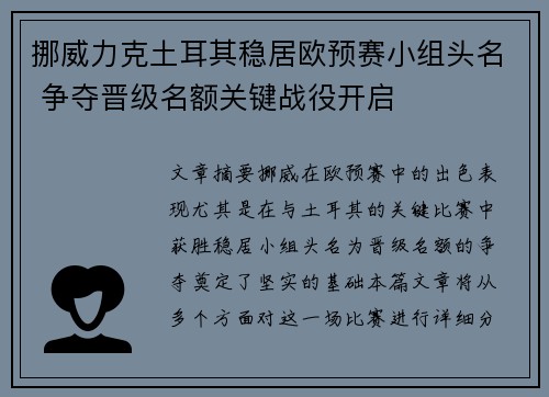 挪威力克土耳其稳居欧预赛小组头名 争夺晋级名额关键战役开启
