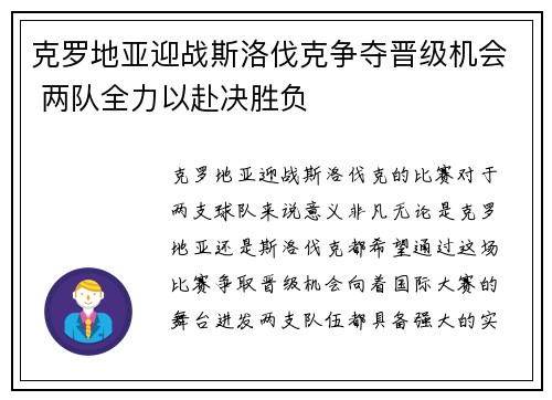 克罗地亚迎战斯洛伐克争夺晋级机会 两队全力以赴决胜负