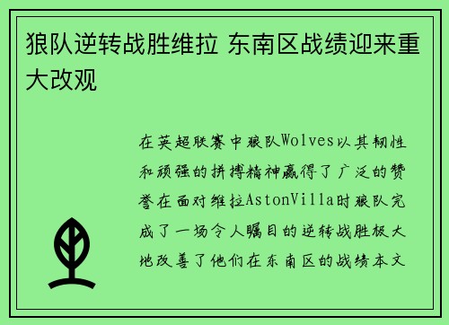 狼队逆转战胜维拉 东南区战绩迎来重大改观